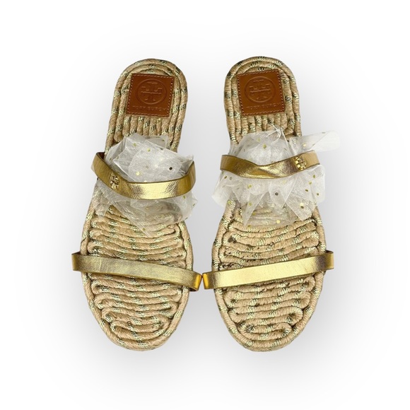 Tory Burch ✤ Two Band Flats Espadrilles Slides Jute Sandals ✤ Metallic Gold ✤ 8M - Picture 10 of 17